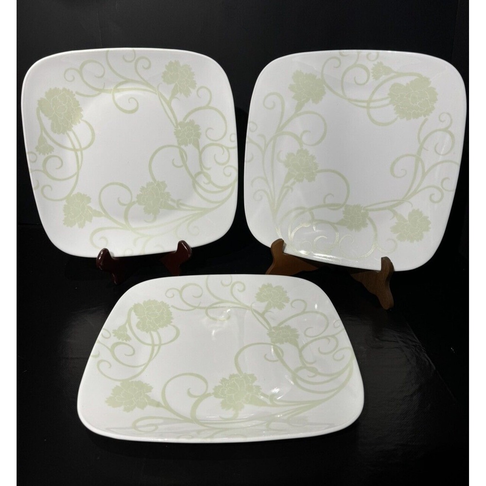 Set of 3 Corelle ELOQUENCE Square Green Floral 10.5" Dinner Plates USA‎